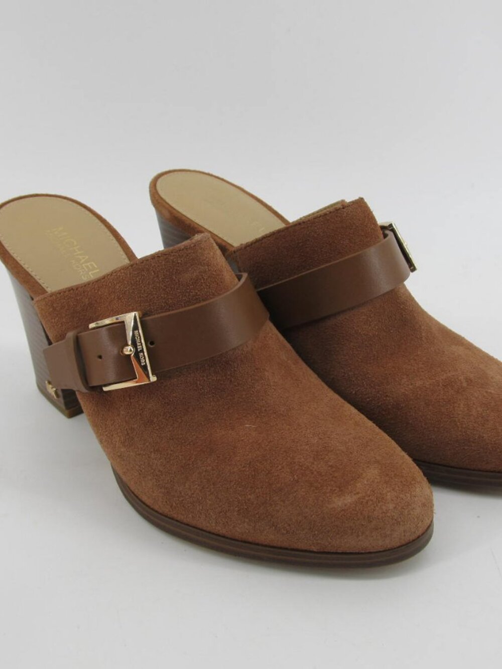 Michael Kors Kara Mule Buckled Brown Suede Leather Clogs Heels Shoes Women's 6m